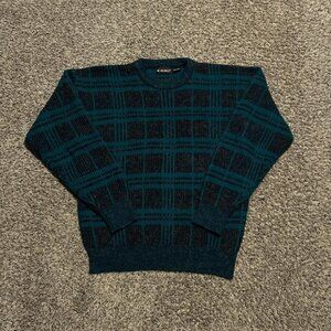 Vintage Teal Striped Acryclic Wool Knit Sweater